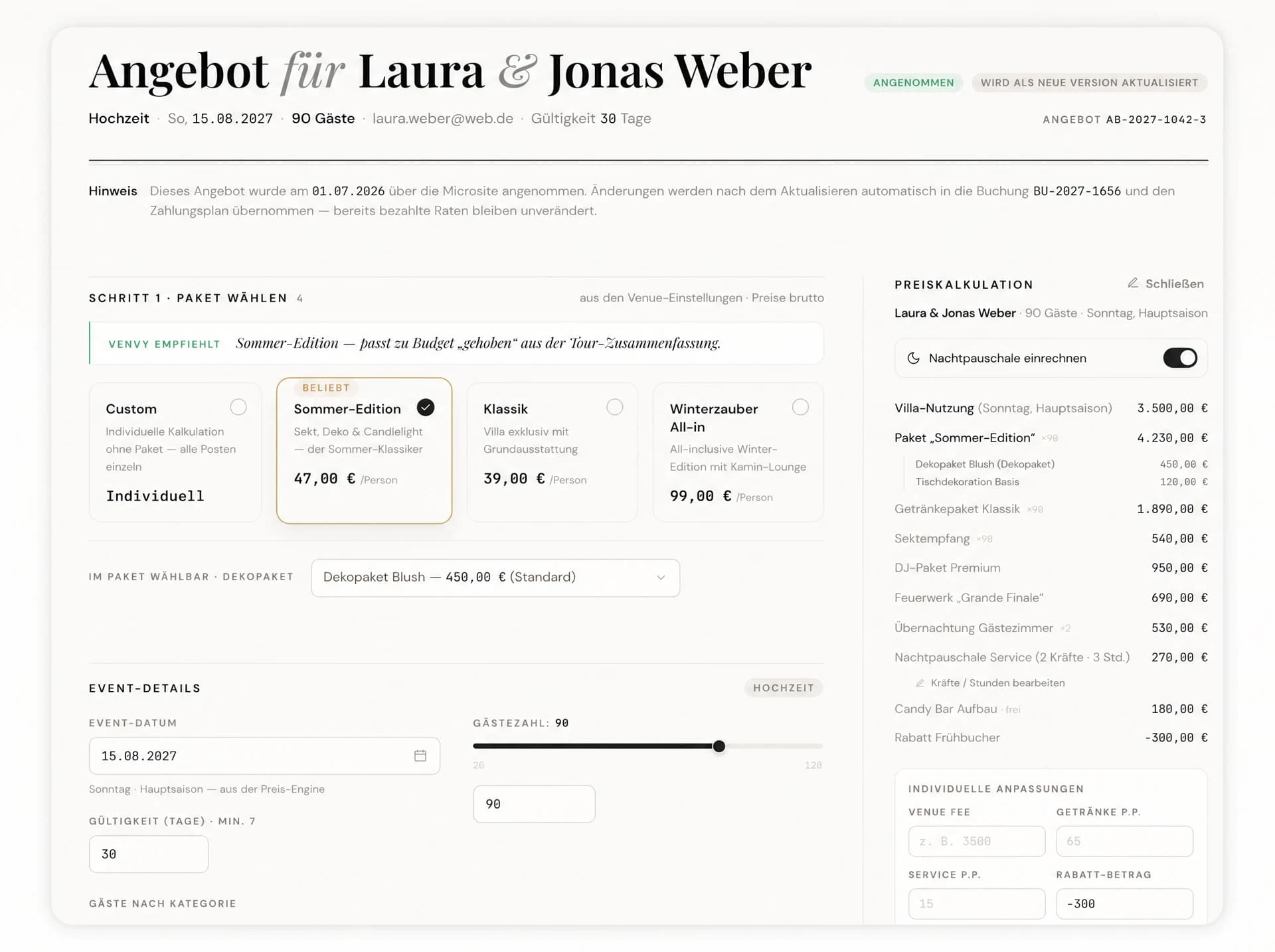 venvy Angebots-Editor im Detail — Paketwahl und Preiskalkulation