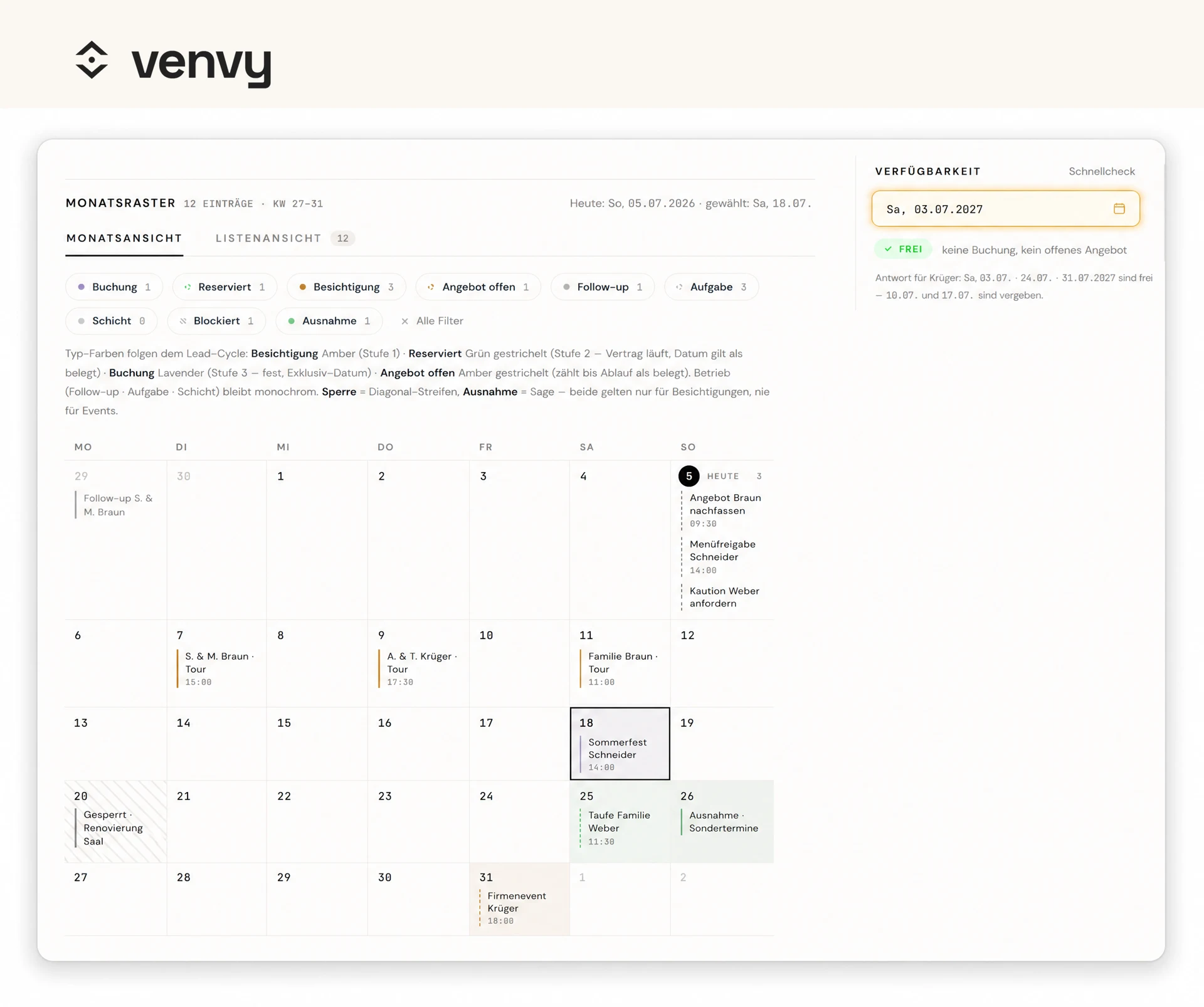 venvy Kalender im Detail — ein Datum, ein Event, keine Doppelbuchung