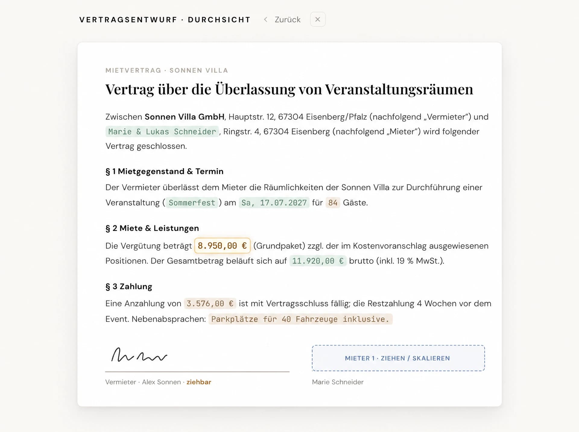 venvy Vertrags-Engine — Vertragsentwurf mit geprüften Feldern und digitaler Unterschrift