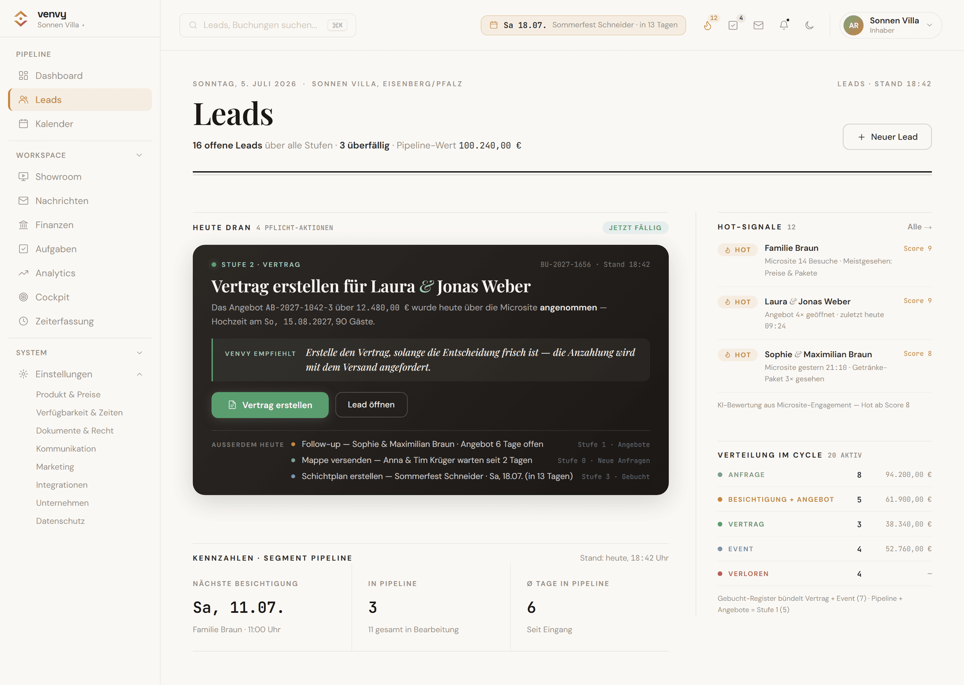 venvy Lead-Pipeline — jede neue Anfrage landet automatisch auf ihrer Stufe