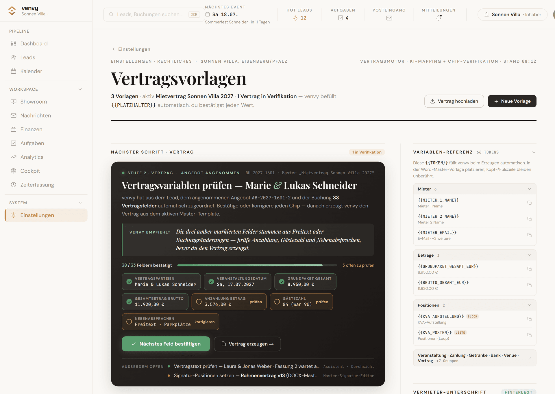 venvy Vertrags-Engine — der Vertrag füllt sich aus dem Angebot, digital unterschrieben