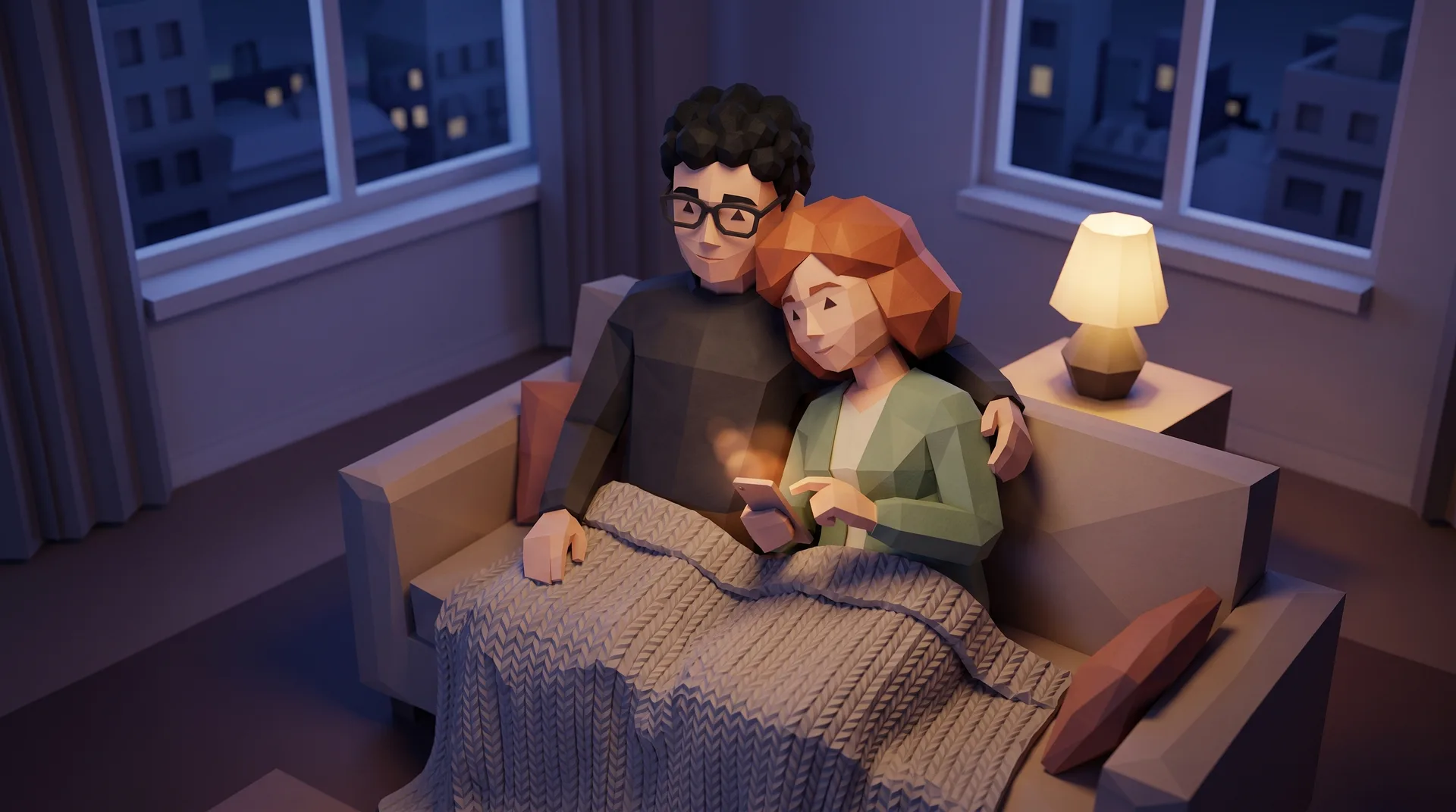 Ein Paar auf dem Sofa schickt abends die Anfrage vom Handy ab — Low-Poly-Szene