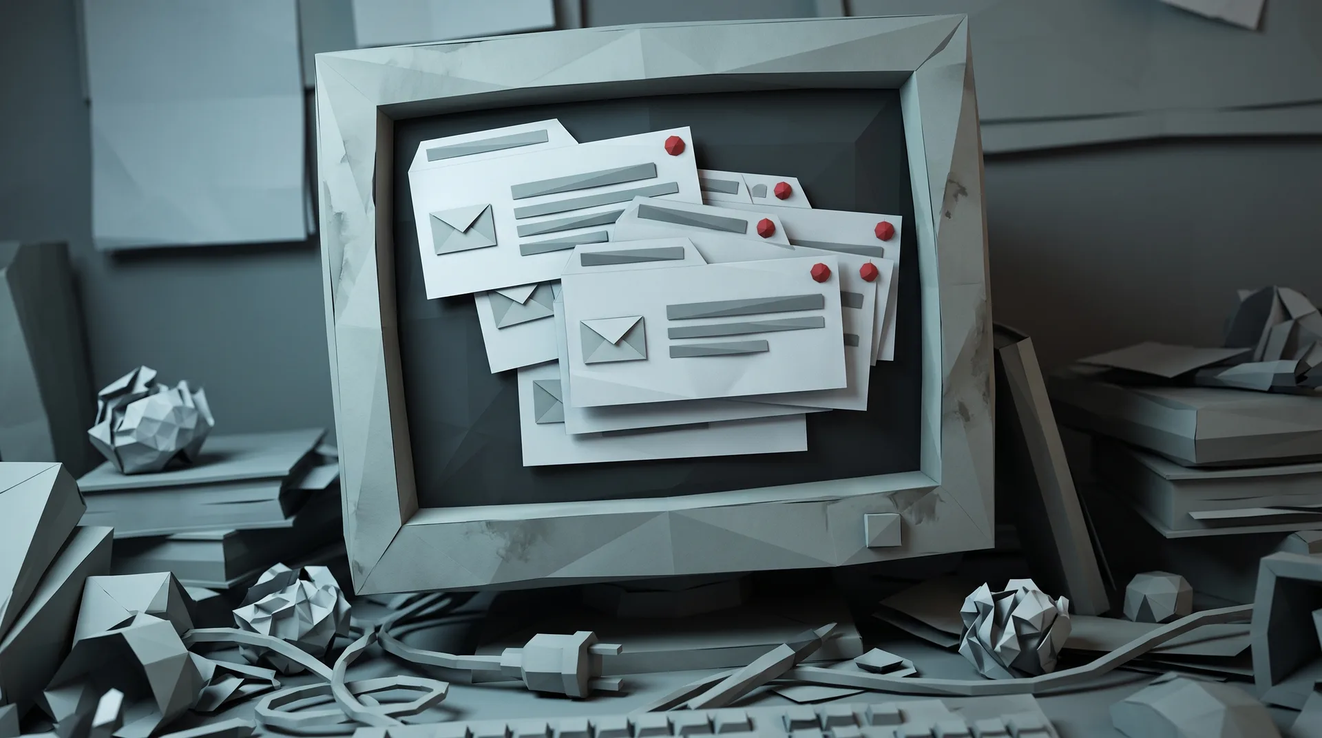 Ein alter Monitor voller ungelesener Anfragen-Mails, aus Papier gebaut