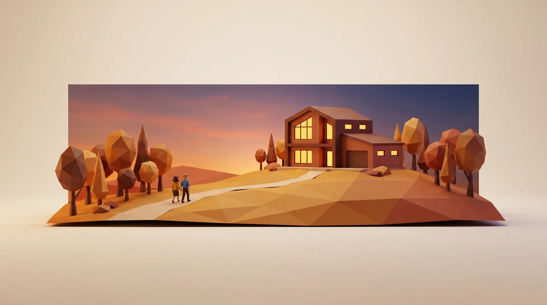 Ein Paar geht den Weg zu einer warm erleuchteten Eventlocation — Low-Poly-Diorama