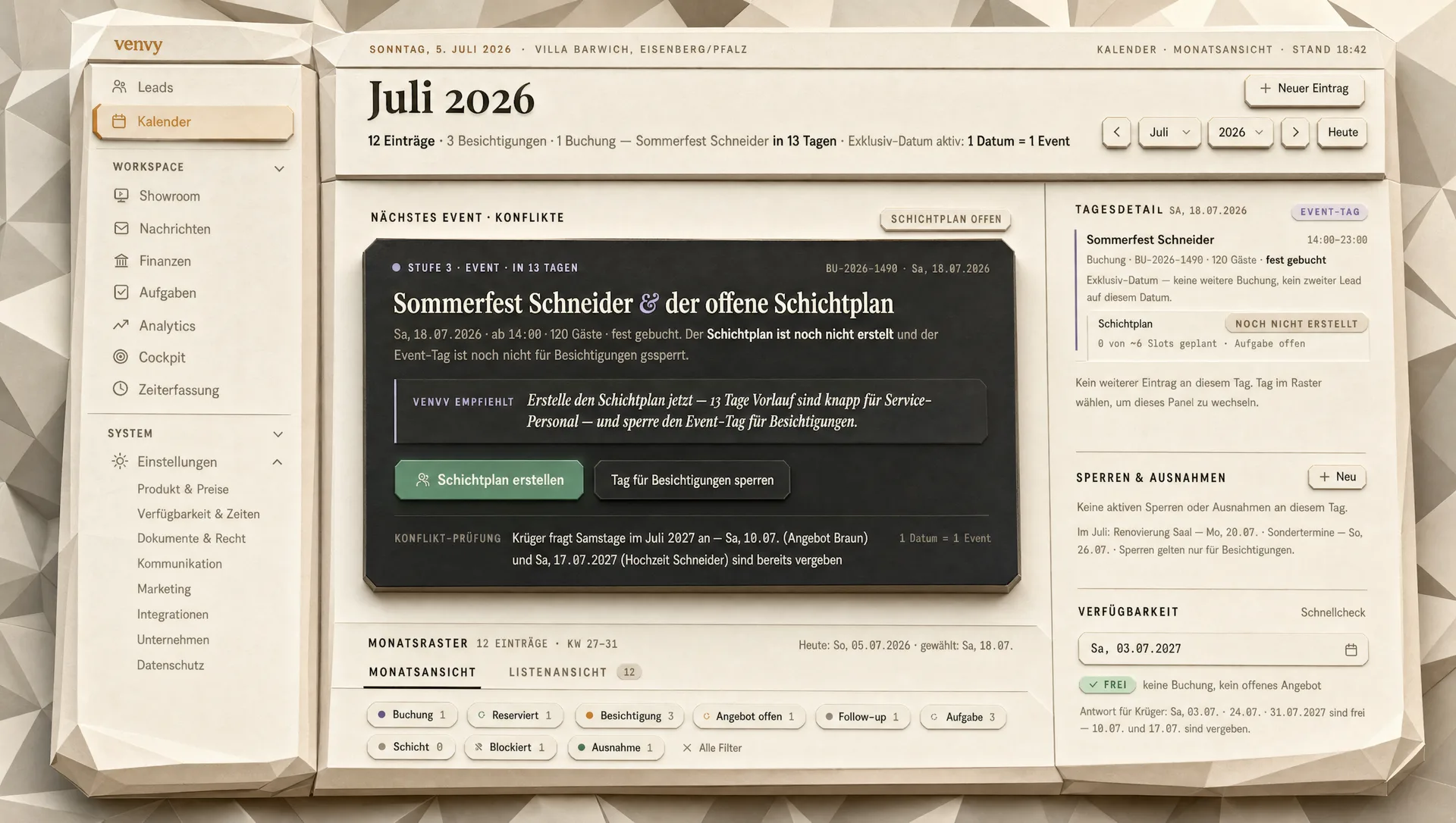 Der venvy-Kalender als Papier-Modell — Monatsansicht mit Event-Warnung, Konflikt-Prüfung und Tagesdetail