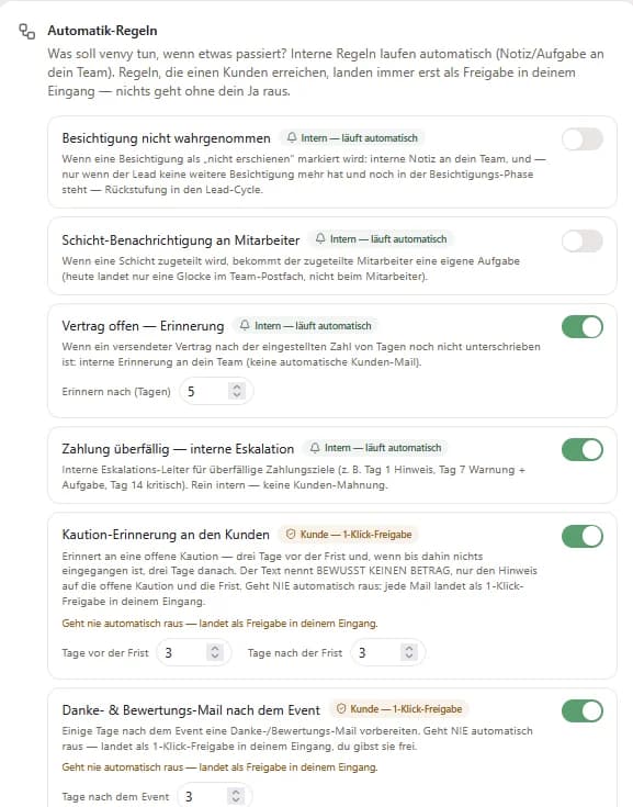 venvy Automatik: Liste der Regeln, an jeder steht, ob sie intern läuft oder auf Freigabe wartet.