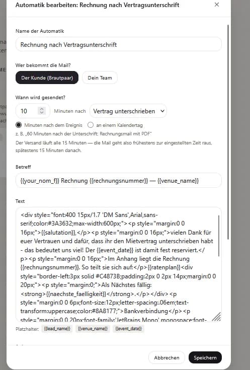 venvy Automatik: Regel-Editor, eine eigene Mail hängt am Ereignis „Vertrag unterschrieben“.