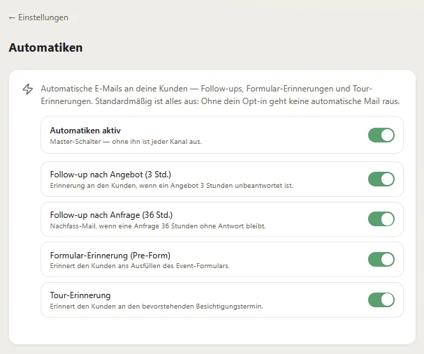 venvy Automatik: der Hauptschalter für automatische Kundenmails.