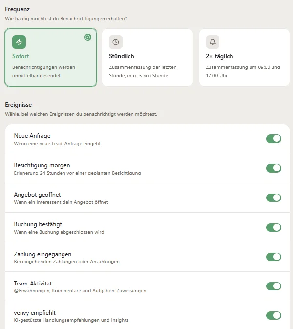 venvy Automatik: Benachrichtigungen und Fristen, mit einstellbaren Tagen vor der Fälligkeit.