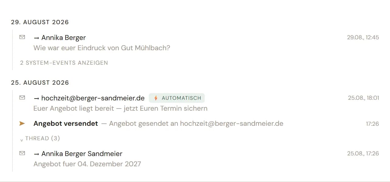 venvy Lead-Verlauf: automatische Einträge neben den manuellen, jeder mit Zeitpunkt und Grund.