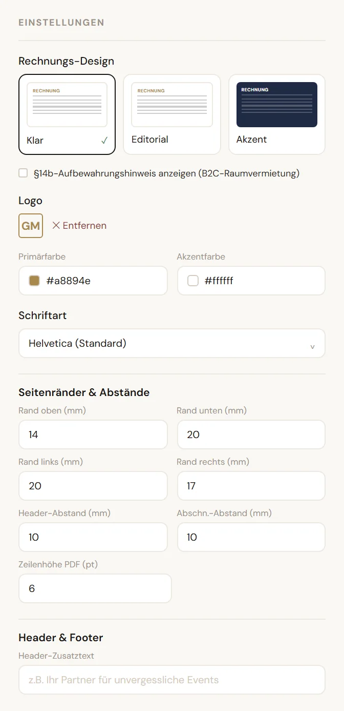 venvy Dokument-Einstellungen: Grundform, Logo, Hausfarbe, Akzentfarbe, Schrift und Ränder an einem Ort.