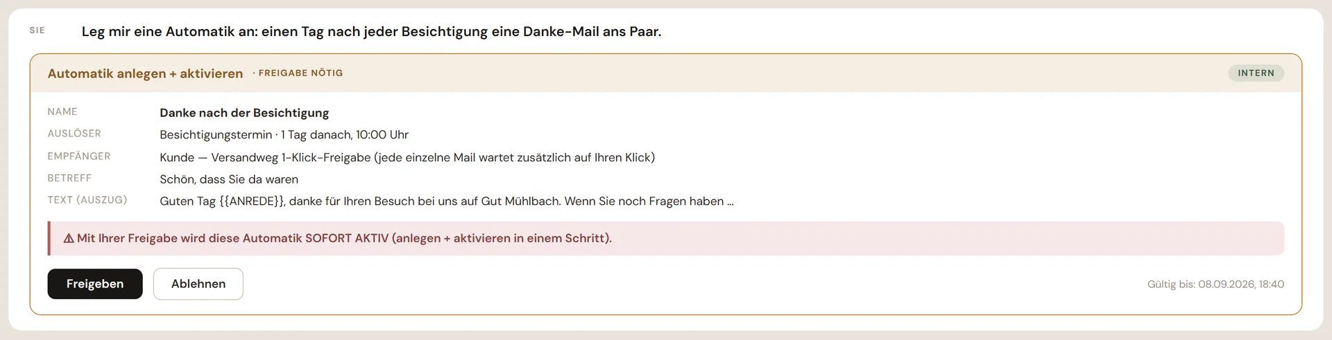 venvy Assistent: Freigabe-Karte vor einer Änderung — was passiert, für wen, ab wann, mit den Knöpfen Freigeben und Ablehnen.