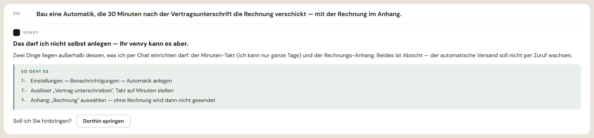 venvy Assistent: die Antwort auf eine Bitte, die er nicht ausführen darf — mit dem Hinweis, wo die Einstellung selbst zu finden ist.