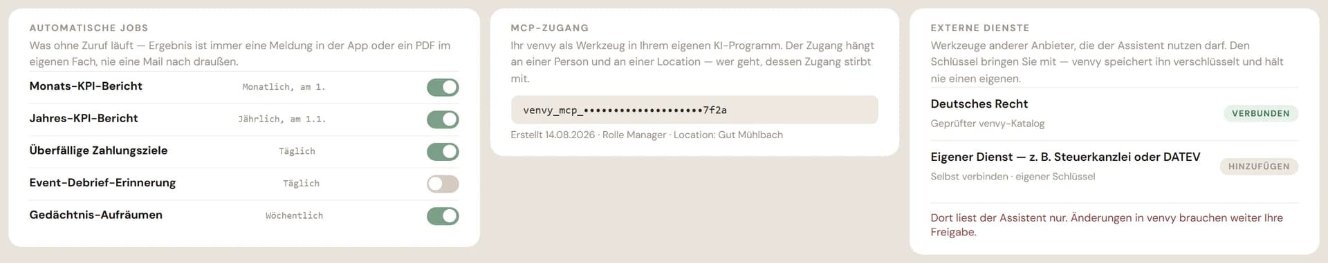 venvy Assistent: Routinen und Anschlüsse — was ohne Zuruf laufen darf, mit einem ausgeschalteten Schalter.