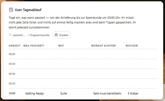 Planungs-Portal des Paares: Euer Tagesablauf — Uhrzeit, was passiert, wo, worauf achten, Notizen; alles wird beim Tippen gespeichert.