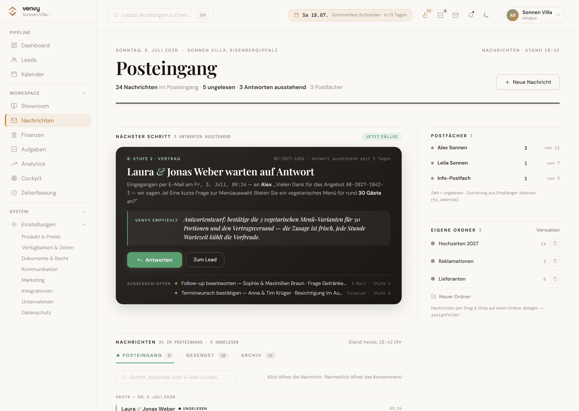 venvy Posteingang: E-Mail, Website-Formular und mehrere Postfächer laufen an einem Ort zusammen — jede Nachricht am richtigen Lead.