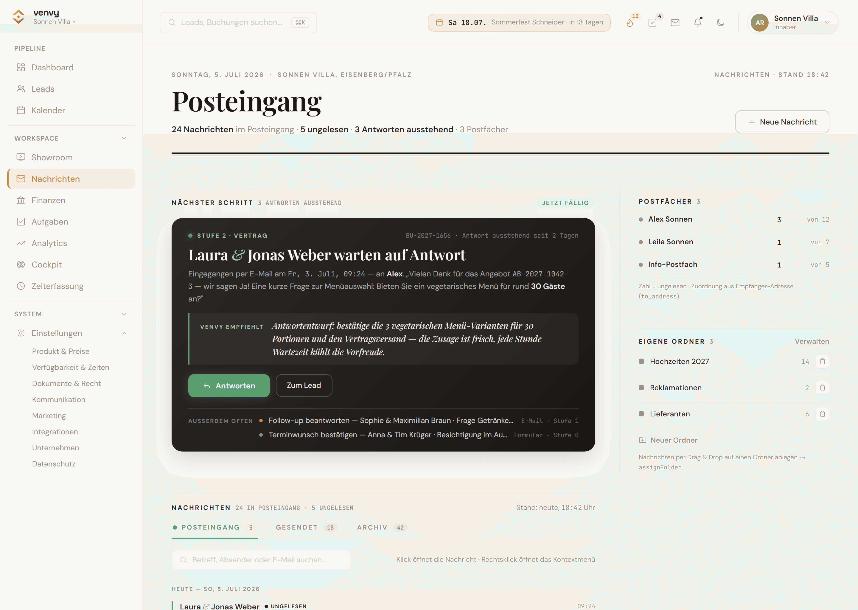 venvy Posteingang: E-Mail, Website-Formular und mehrere Postfächer laufen an einem Ort zusammen — jede Nachricht am richtigen Lead.