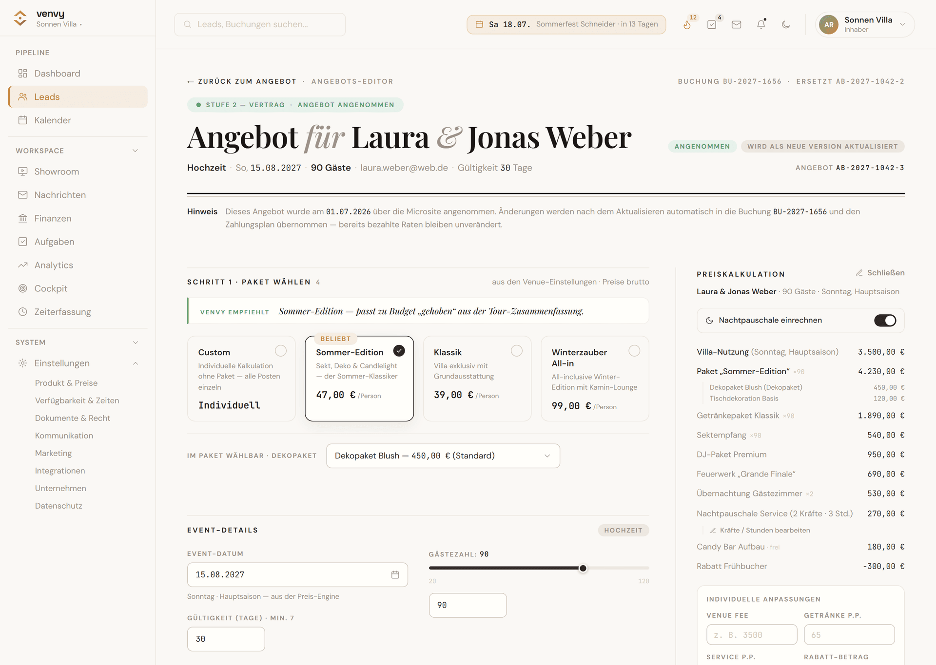 venvy Angebots-Editor — Positionen aus der Preisliste, die Summe rechnet sich selbst