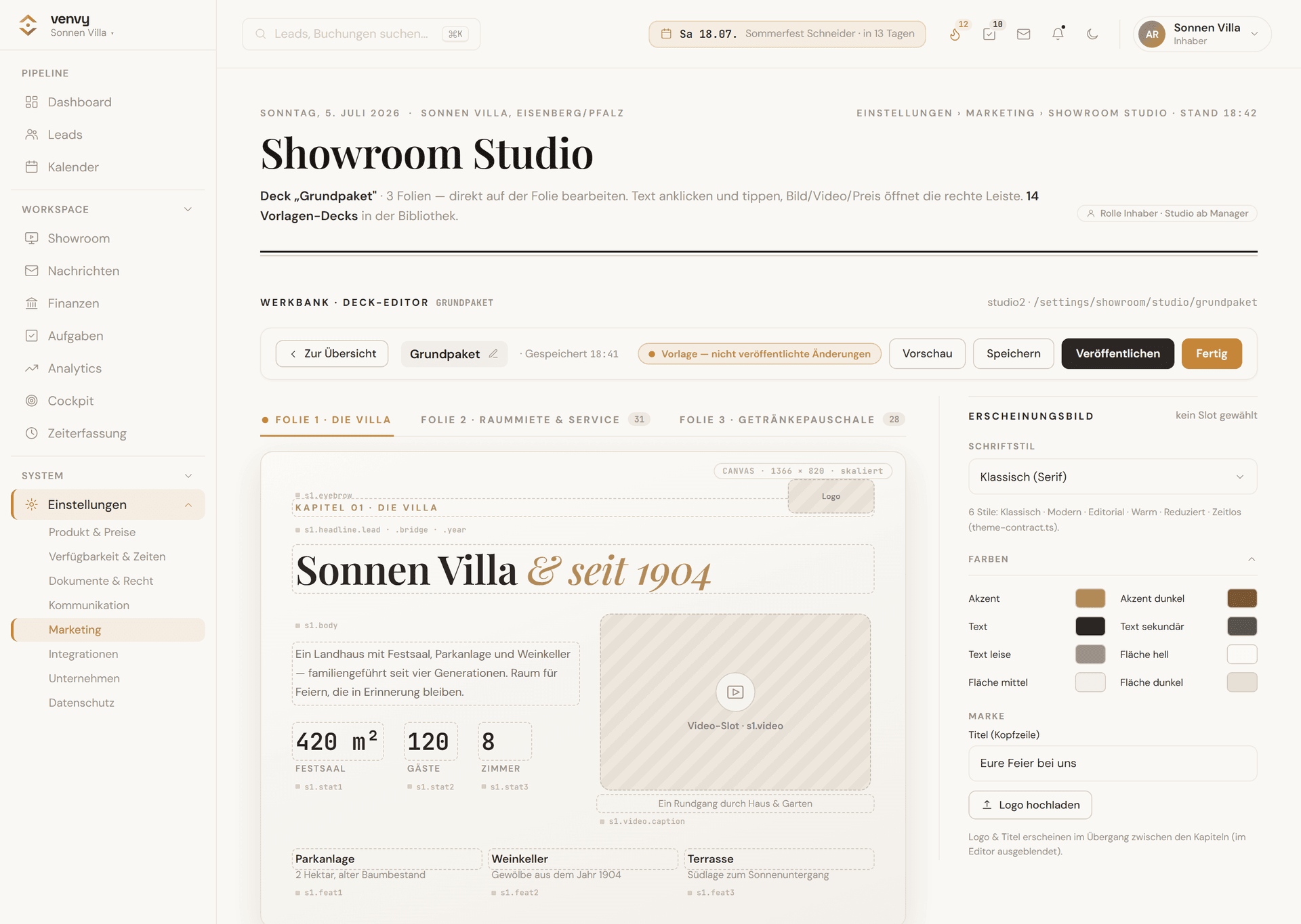 venvy Showroom-Studio — Decks aus fertigen Vorlagen bauen